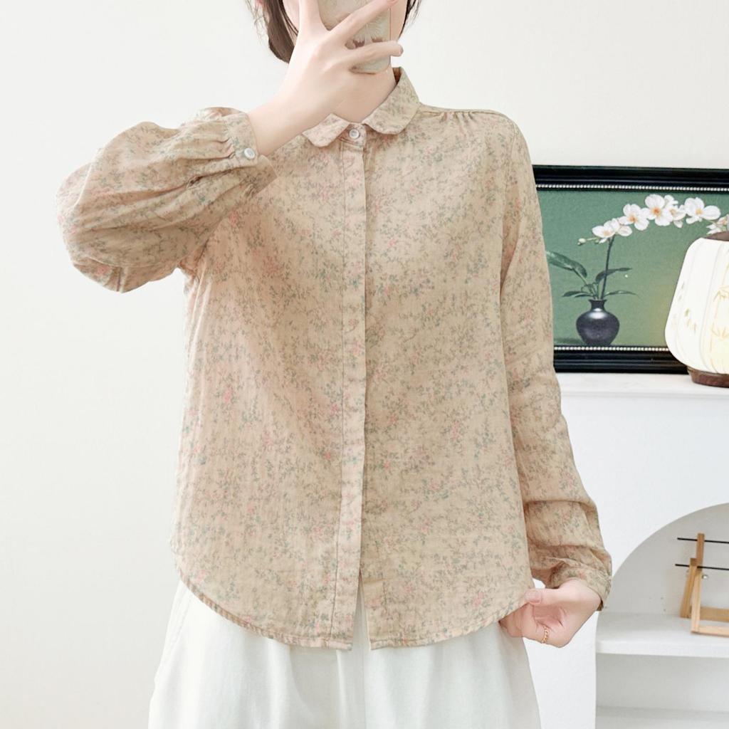 Stylish Blue Floral Double Layer Cotton Gauze Long Sleeve Women's Shirt - Spring 2026 Collection