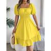 GMXIA Spring and Summer Casual Square-neck Short-sleeved, Waist-cinched, Ruffled A-line Skirt Women's Clothing