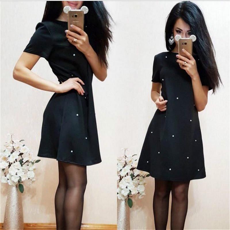 Elegant Casual O Neck Short Sleeve A-line Dress With Studded And Beaded Accents