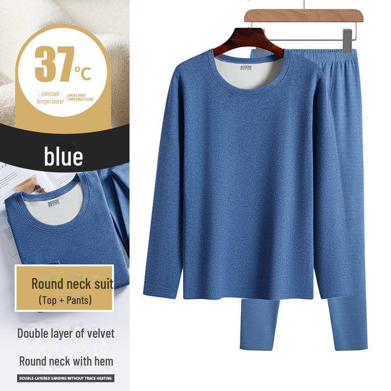 Men's Two-Color German Velvet Warm Suit: No-Pill V-Neck/Round Neck Top & Bottom Set for Autumn/Winter.