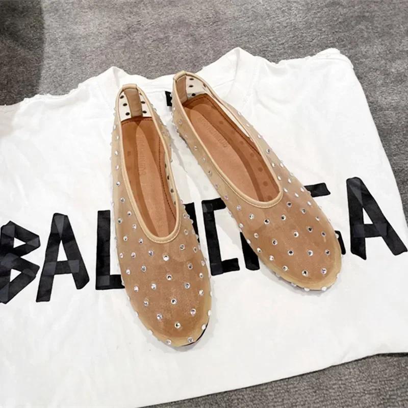 Fashion Luxury Glitter Rhinestone Designer Mesh Flats Women Summer Fashion Light Breathable Mules Loafers Elegant Comfort Ballet Shoes