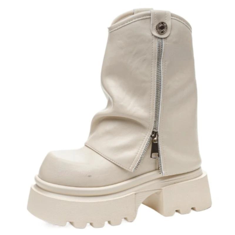 Módní kotníkové boty 13 cm Komínové boty Kožené boty z pravé hovězí kůže Nazouvací Dámské Podzimní Motorkářské Jarní Dámská Móda Mokasíny