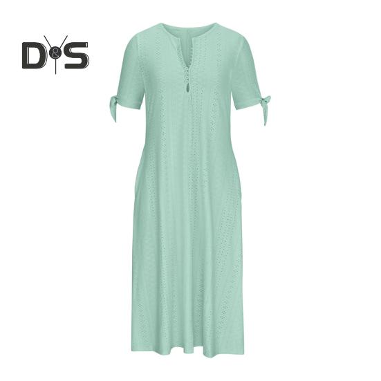 Women's Summer Maxi Dress Boho Eyelet Button V Neck Tie Knot Short Sleeve Midi Dress Summer Beach Vacation Sundress