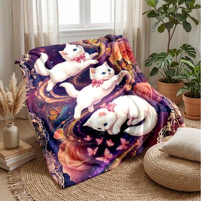 Whimsical Cats and Butterflies Theme Blanket Lightweight Warm Flannel Blanket Decorative Throw Blanket for Home Decoration