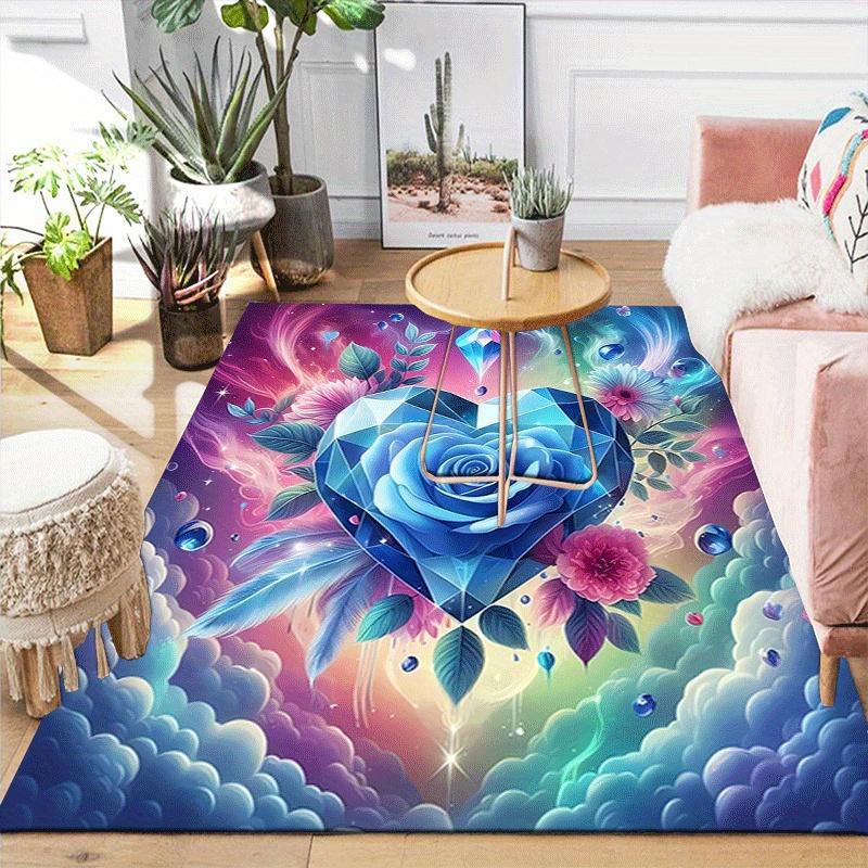 1pc Blue glass rose Design Area Rug - Soft, Anti-Slip, and Durable Gaming Room Decor for Bedroom