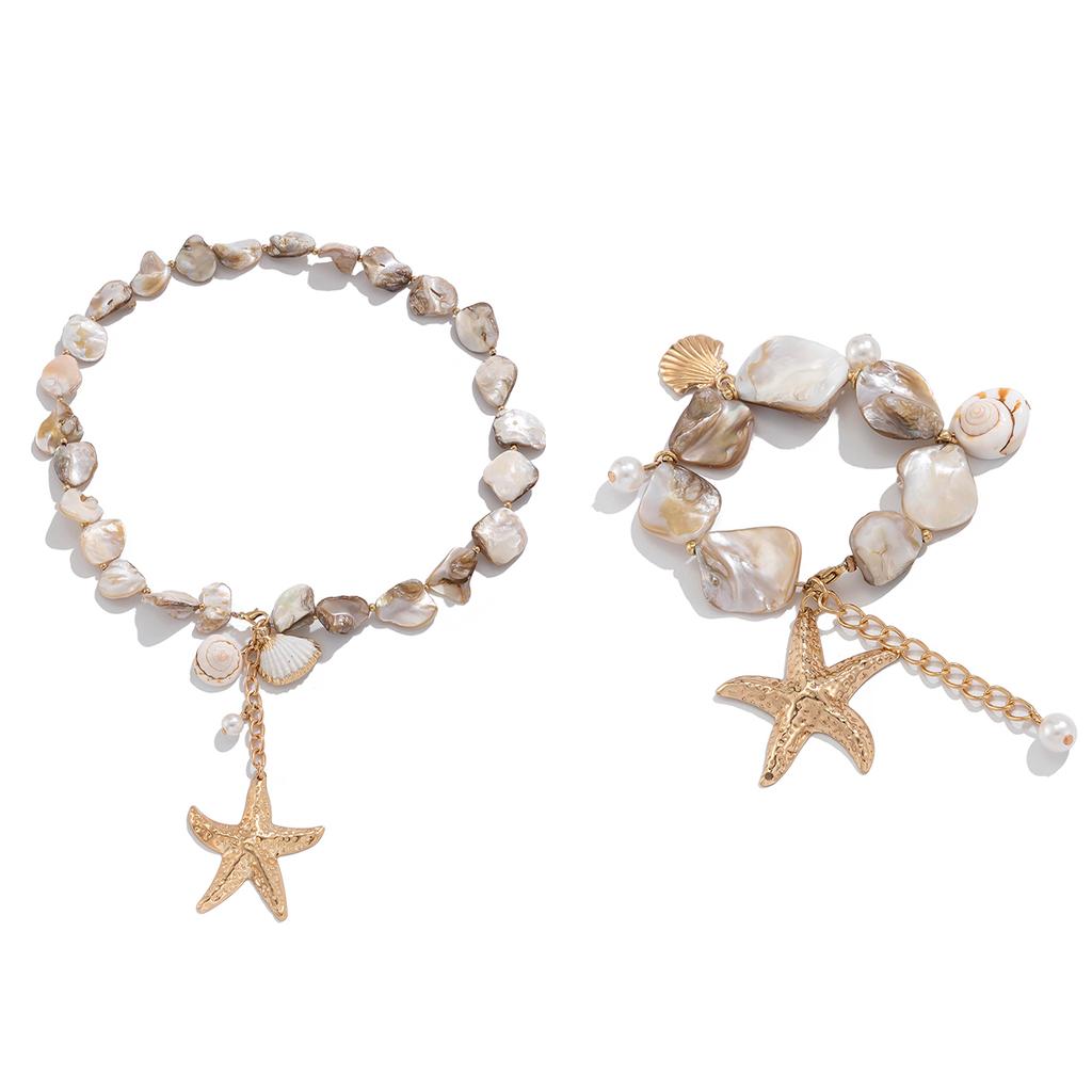 Ingemark Boho Summer Vacation Starfish Conch Pendant Choker Necklace Bracelets for Women Imitation Pearl Chain Y2K Jewelry Set