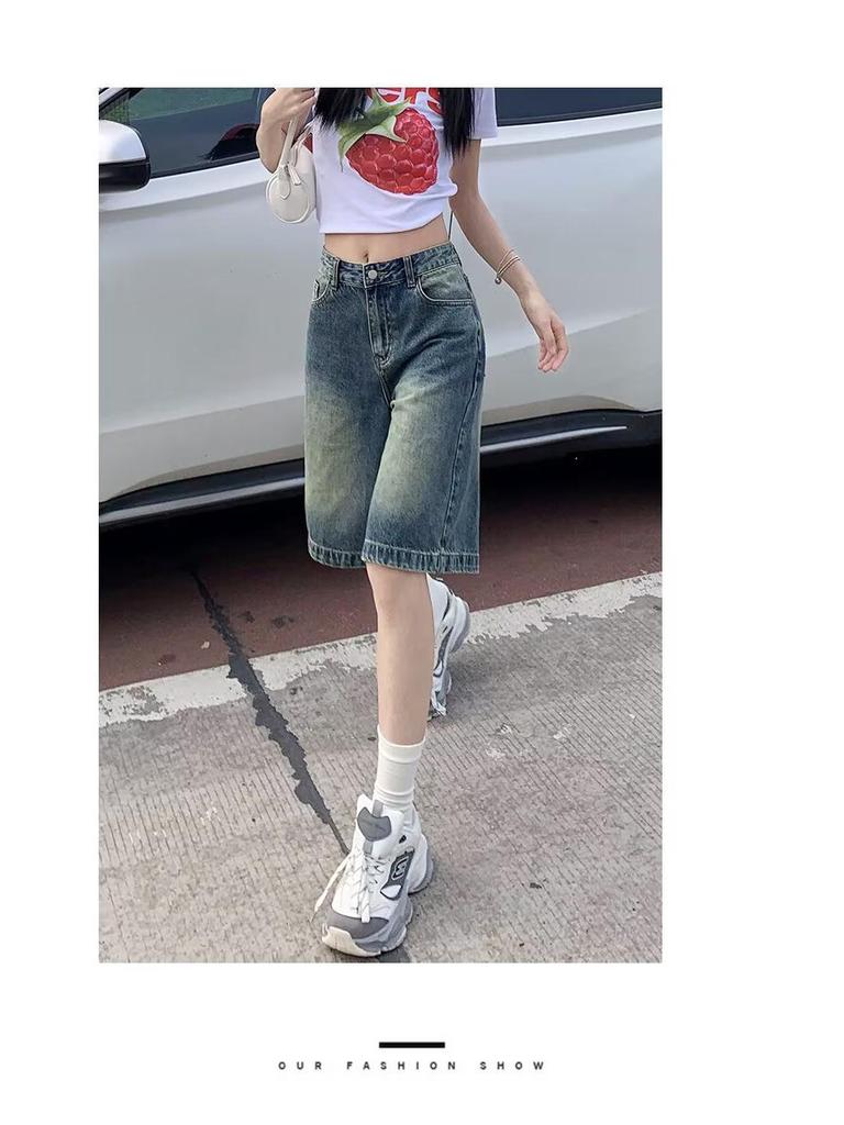 Women's 2025 Retro Washed Denim Mid-Length Loose Straight-Leg Shorts