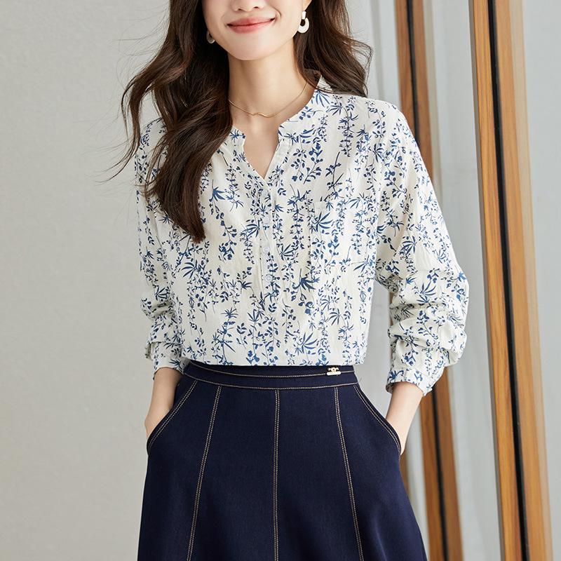 

Женский летний хлопковый топ с рукавами семь восьмых, с цветочным узором из сине-белого фарфора - Шикарная, омолаживающая блузка XXL