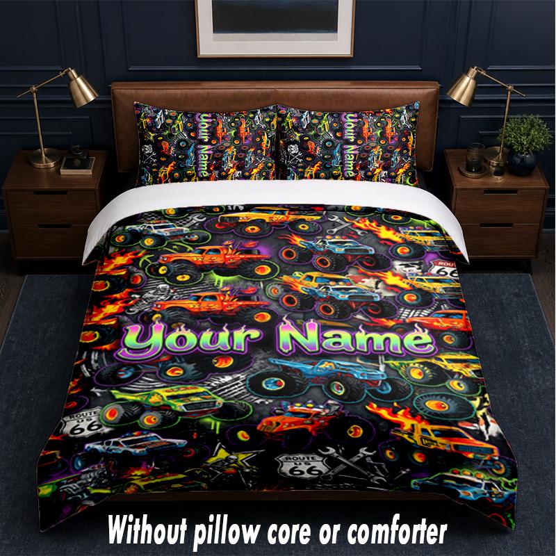 Monster Truck Theme Custom Text Or Name 3Pcs Bedding Set,1 Flat Sheet & 2 Pillowcases Personalized Home Bedding
