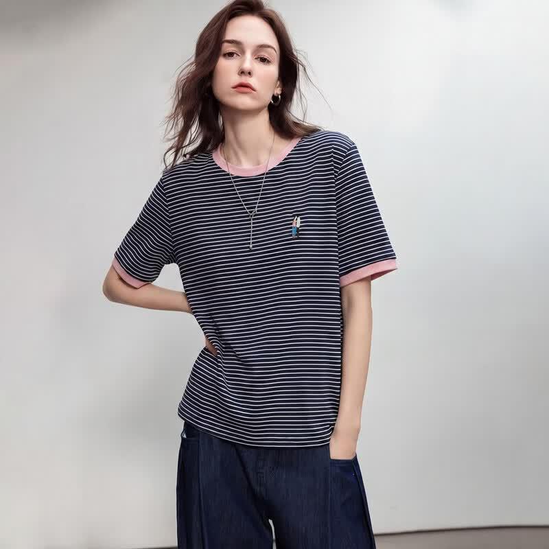Women's Retro Striped Color-block Short Sleeve T-shirt