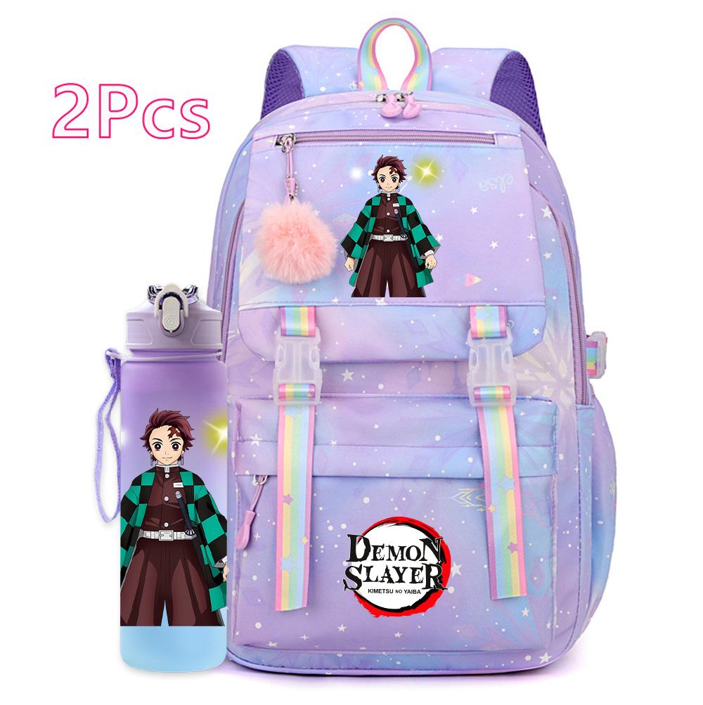 2Pcs/set Cartoon Demon Slayer Printed Backpack with 750Ml Water Bottler for Teenager Girl Boy Large Capacity Waterproof Bookbag Travel Bag Gift