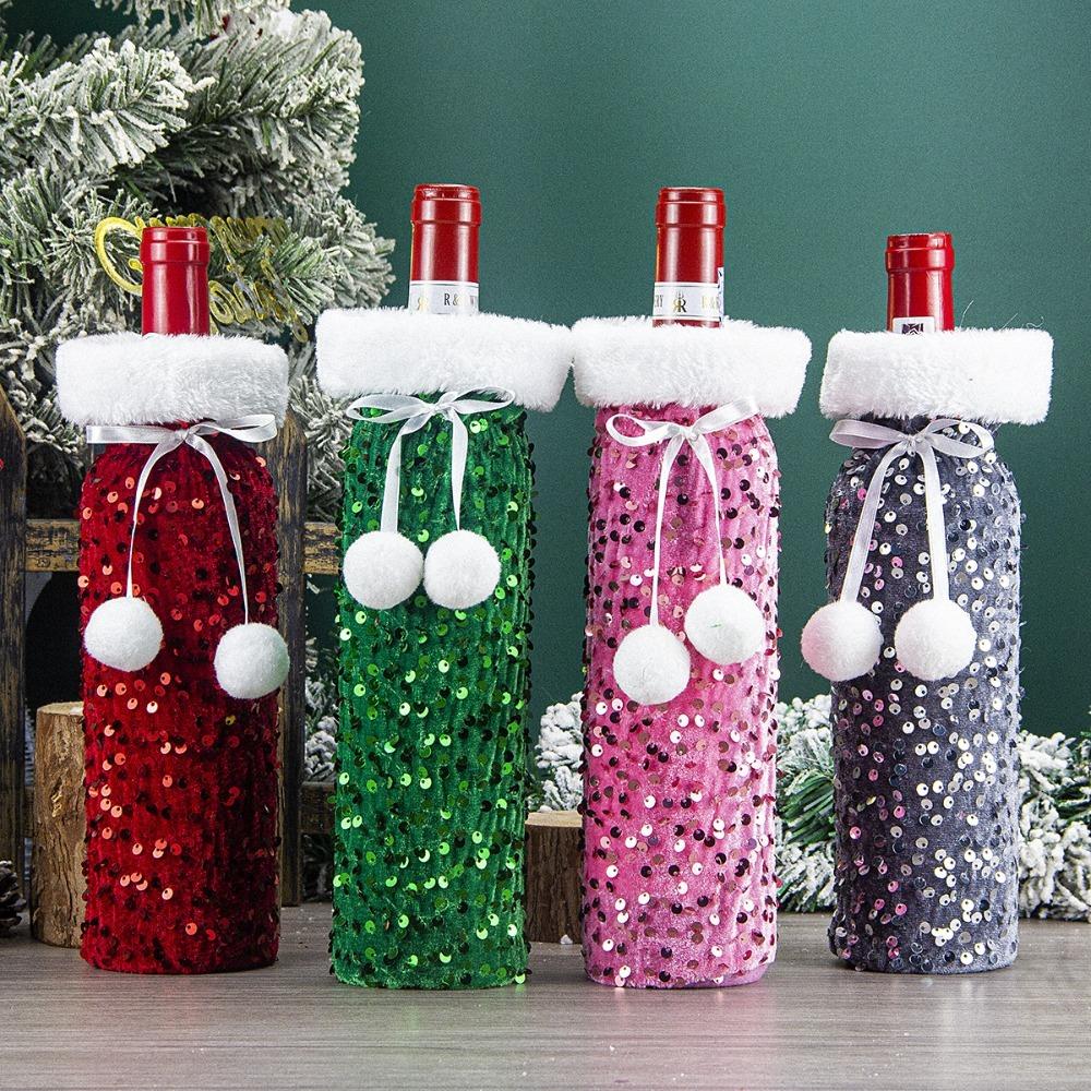 Cute Christmas Wine Bottle Bags Plush Ball Santa Claus Wine Bags Xmas Wine Bottle Cover New Year