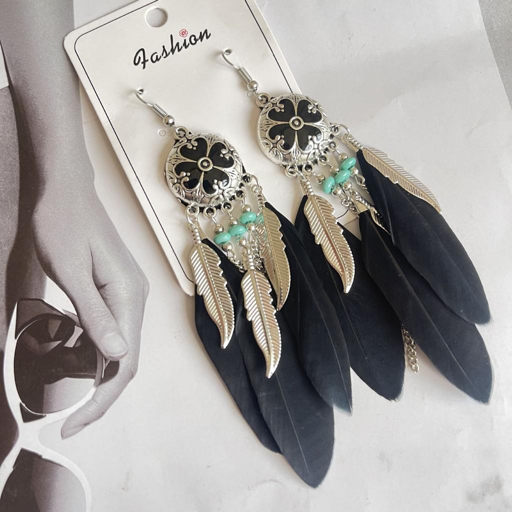 Vintage Bohemian Feather Tassel Earrings Exaggerated Ethnic Vacation Dangle Ear Jewelry Fashion Accessories For Women