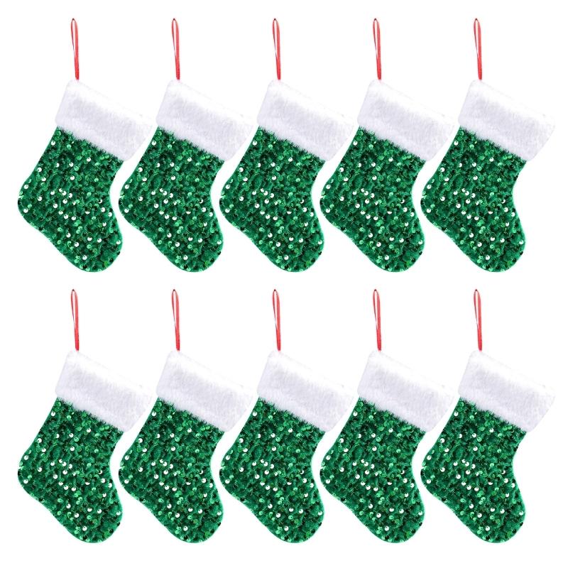 

10Pcs Festival Gift Holders Fireplaces Decoration Sparkling Sequins Christmas Stockings with Plush White Rims Decors зелений
