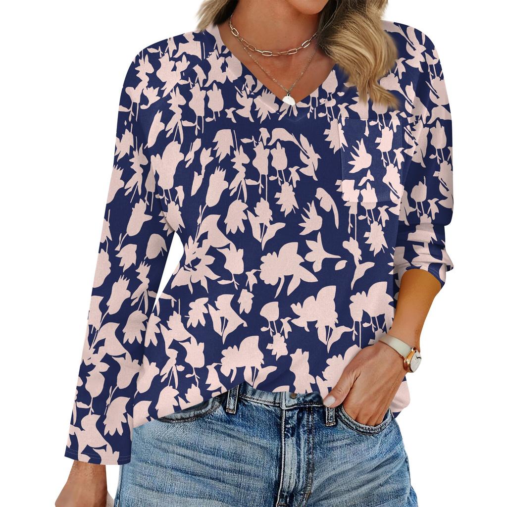 Dam Raglan Långärmad V-ringad T-shirt Sömnad Enfärgad Casual Topp Pullover V-ringad Ficka Underdel