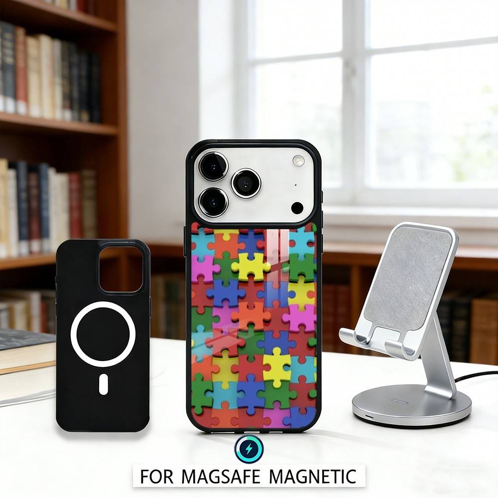 A-Autism S-Support P-Puzzle Pattern Phone Case Magnetic For iPhone17 16 15 14 13 12 Pro Max For Magsafe Wireless Charging Cover