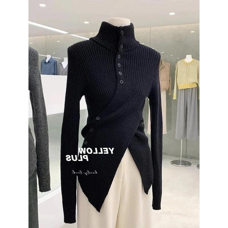 Grey turtleneck cotton wool knitted bottoming shirt women's autumn and winter irregular waist sweater with split top