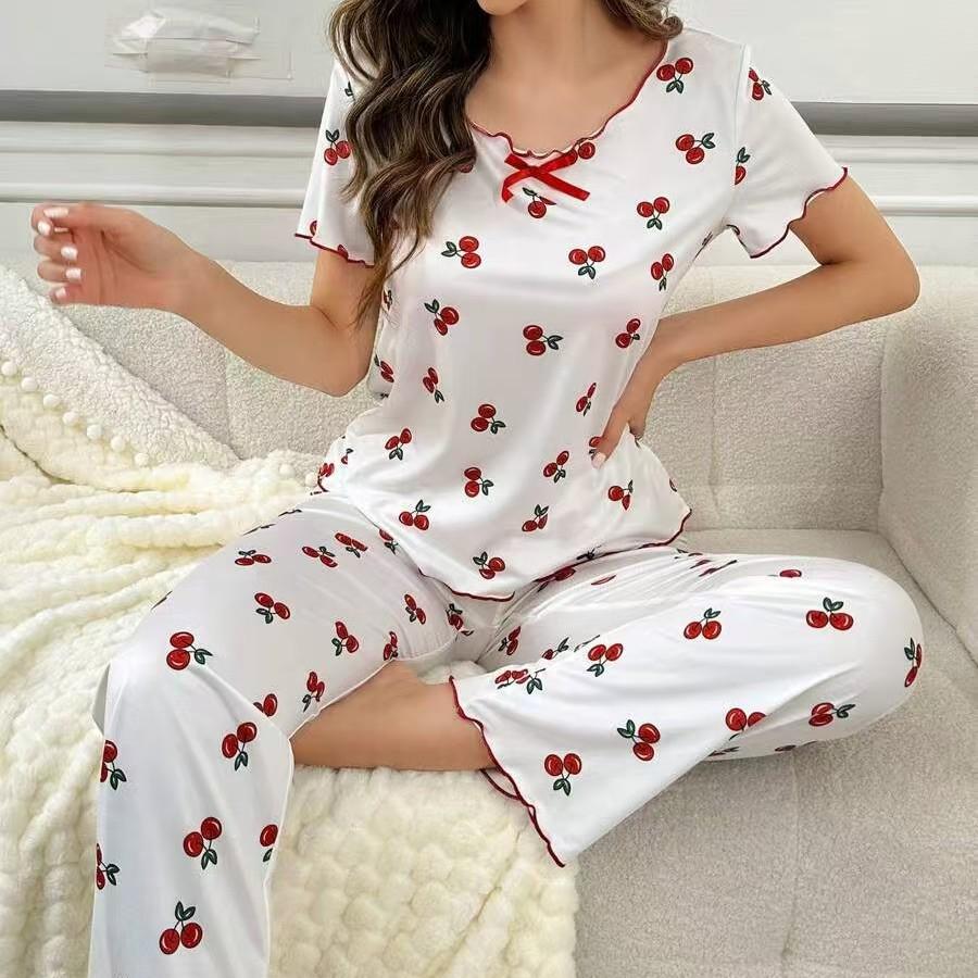 Women's Cherry Print Short Sleeve Pajamas with Long Pants and Turn-Down Collar