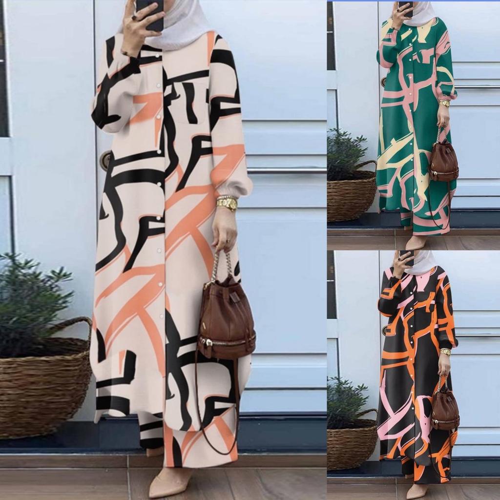 2024 Floral Print Two-Piece Muslim Women's Retro Long Shirt & Wide-Leg Pants Suit for Spring & Autumn