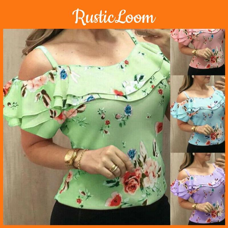 Floral Print Women Cold Shoulder Tops Summer Beach Tank Tops Vest Shirt Blouses