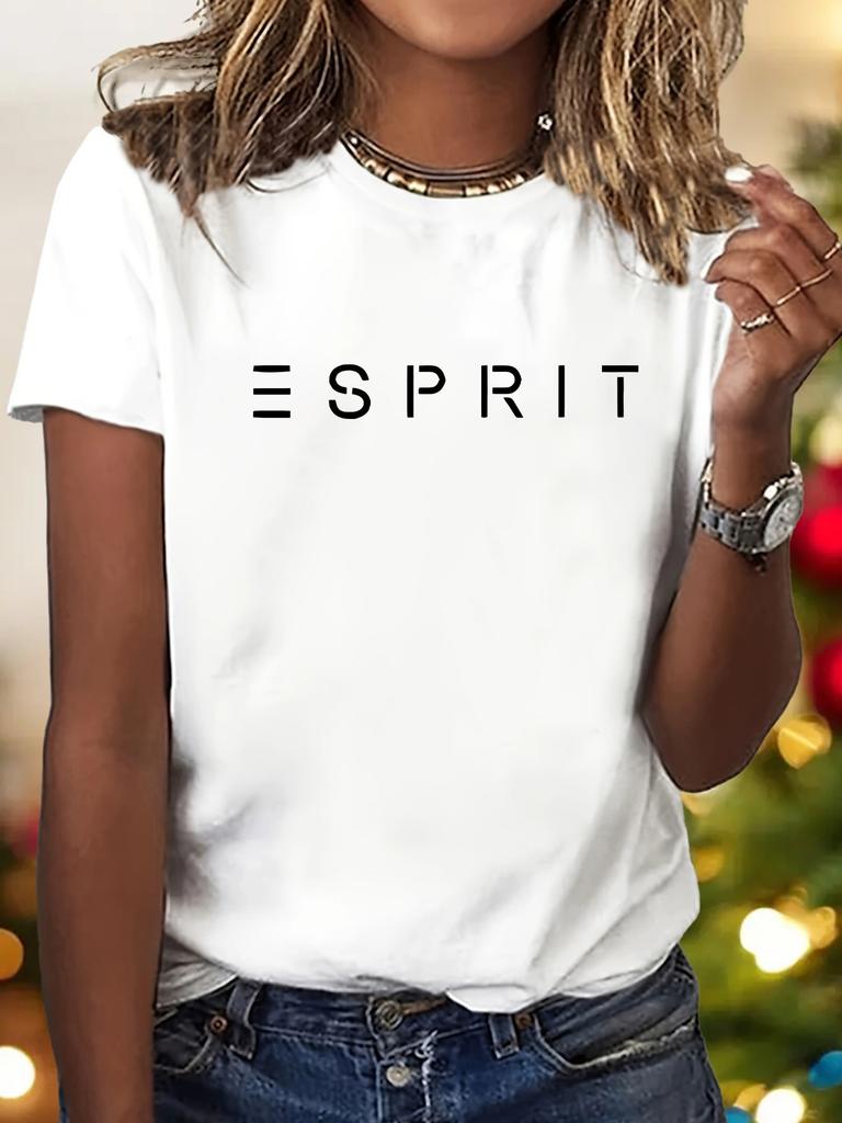 Women'S E-Sprit Graphic Tee Casual Crew Neck Short Sleeve T-Shirt  with Bold Letter Print Everyday Tshirt Bold Print Tee