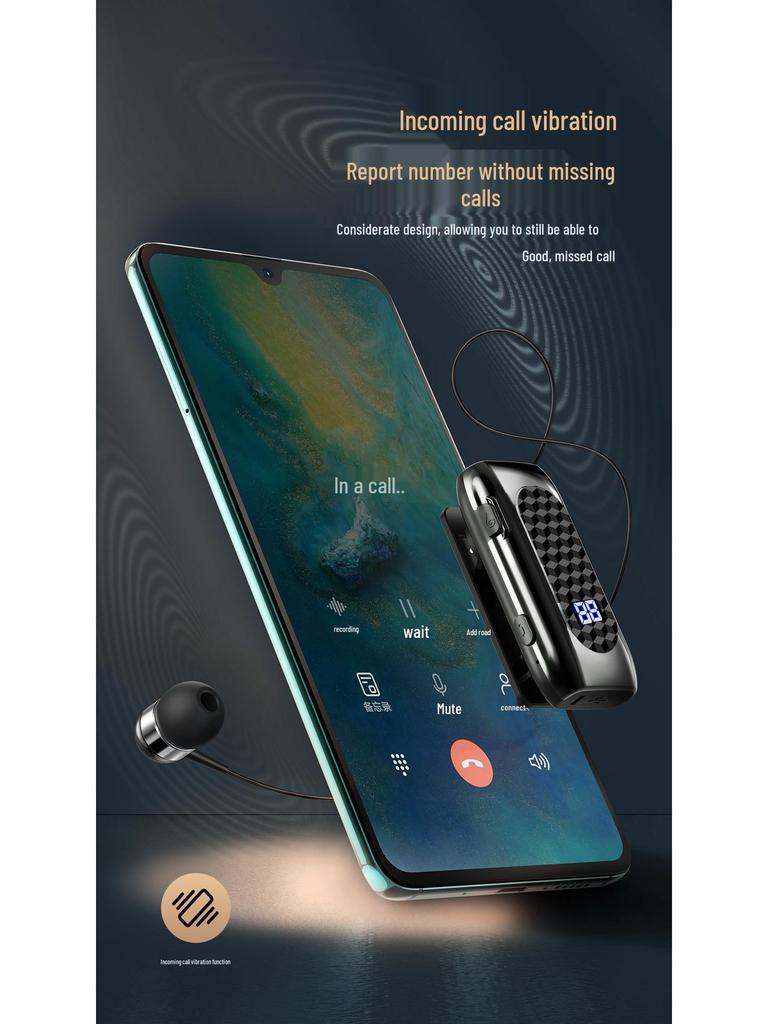 DR13 Clip-On Bluetooth Earphone with Retractable Pull-Out Line, 20H Battery, Digital Display, Business Call Vibration & Number Reporting.