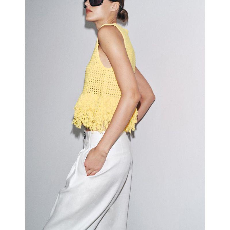 Summer Women's French Style Design round Neck Sleeveless Hem Decorated Tassel Plaid Knitting Tops 4331027