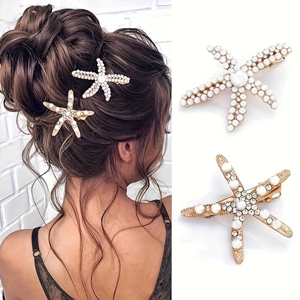 2PCS Starfish Hair Clips Set Alloy Material with Pearl and Rhinestone Embellishments Decorative Hair Accessories for Women Girls
