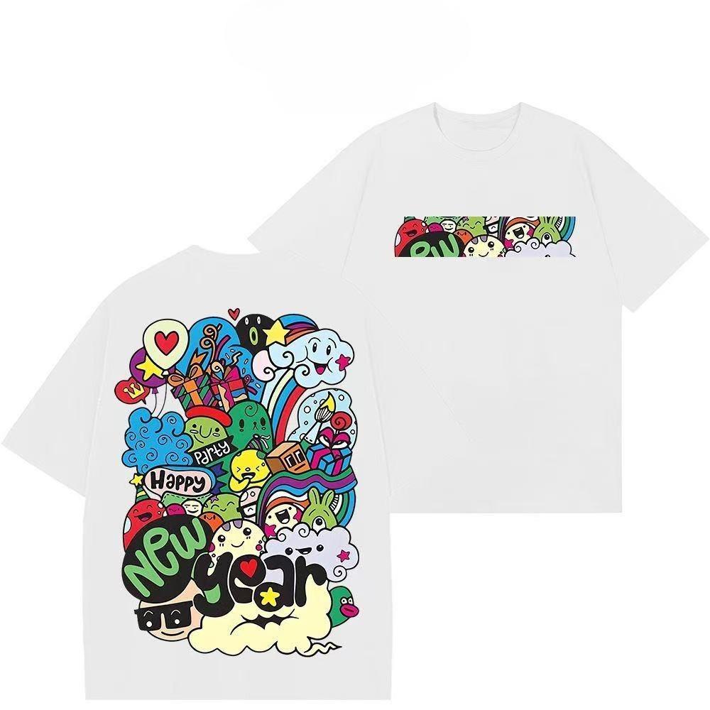 2025 Summer and Autumn new cartoon graffiti print T-shirt casual and sporty short-sleeved men's and women's street tops