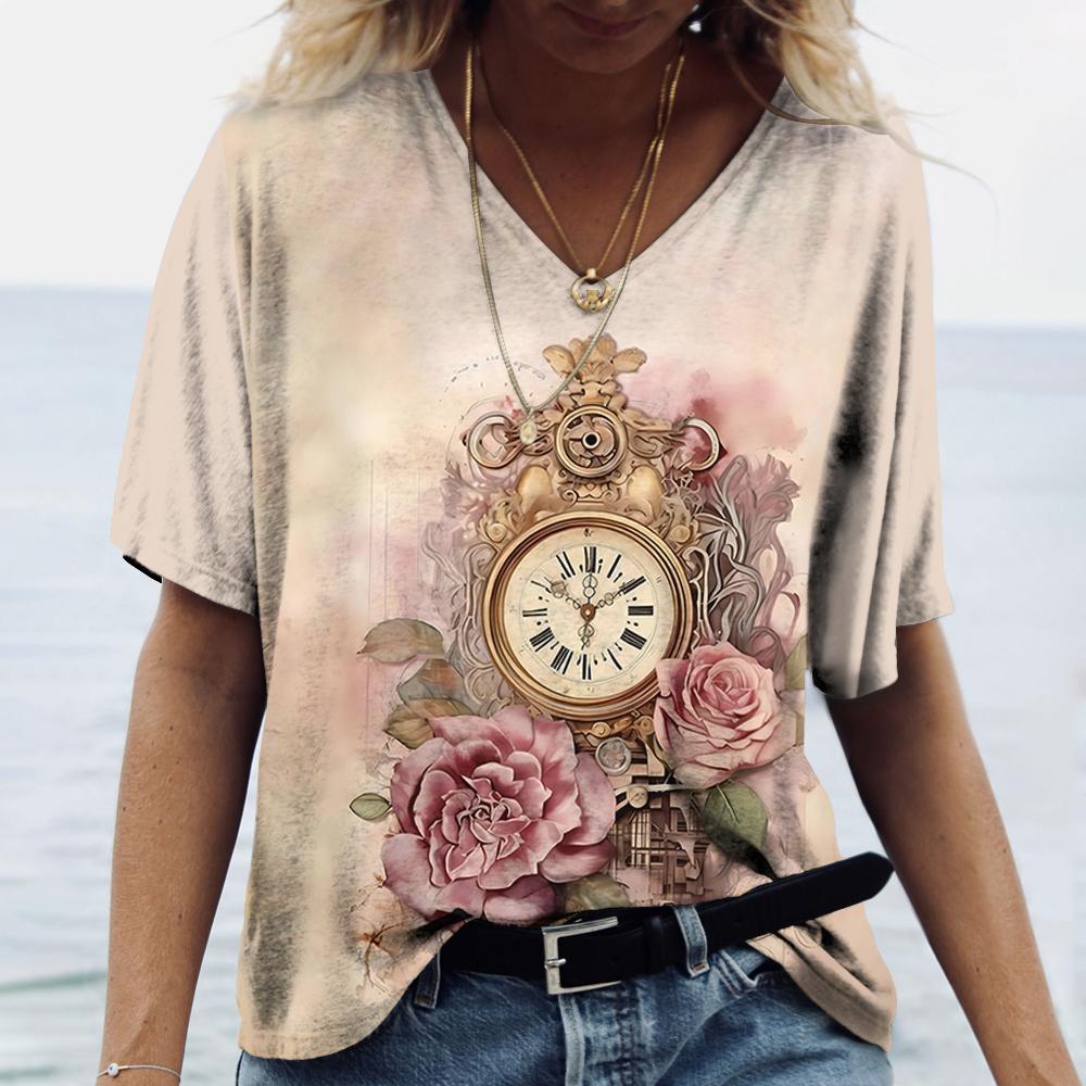 V-neck Women's Short Sleeve Summer Outdoor Casual T-shirt Tops Flower Printed Patterns Fashion