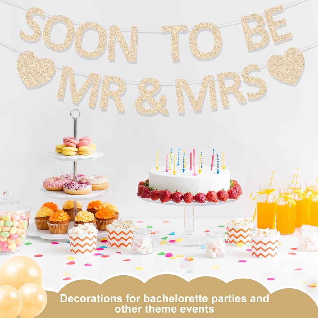 Mr & Mrs Banner Pre-strung Soon To Be Mr and Mrs Sign Glitter Engagement Banner for Bridal Shower Wedding Engagement Bachelorette Party Decorations