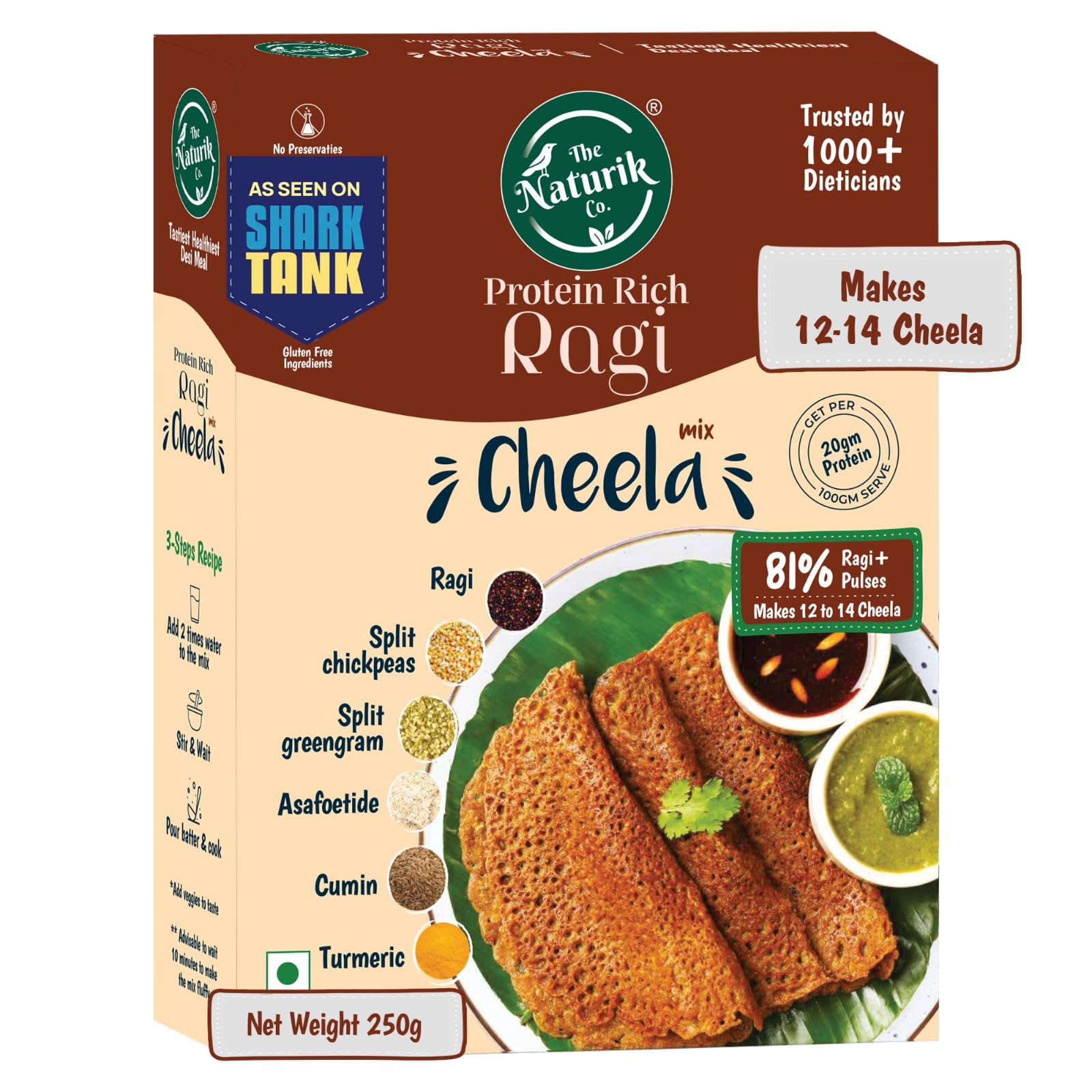 The Naturik Co. Ragi Chilla Mix 250g | Ready to Cook Cheela mix | 81% Ragi & Pulses | High Protein | Healthy Breakfast | As Seen On Shark T
