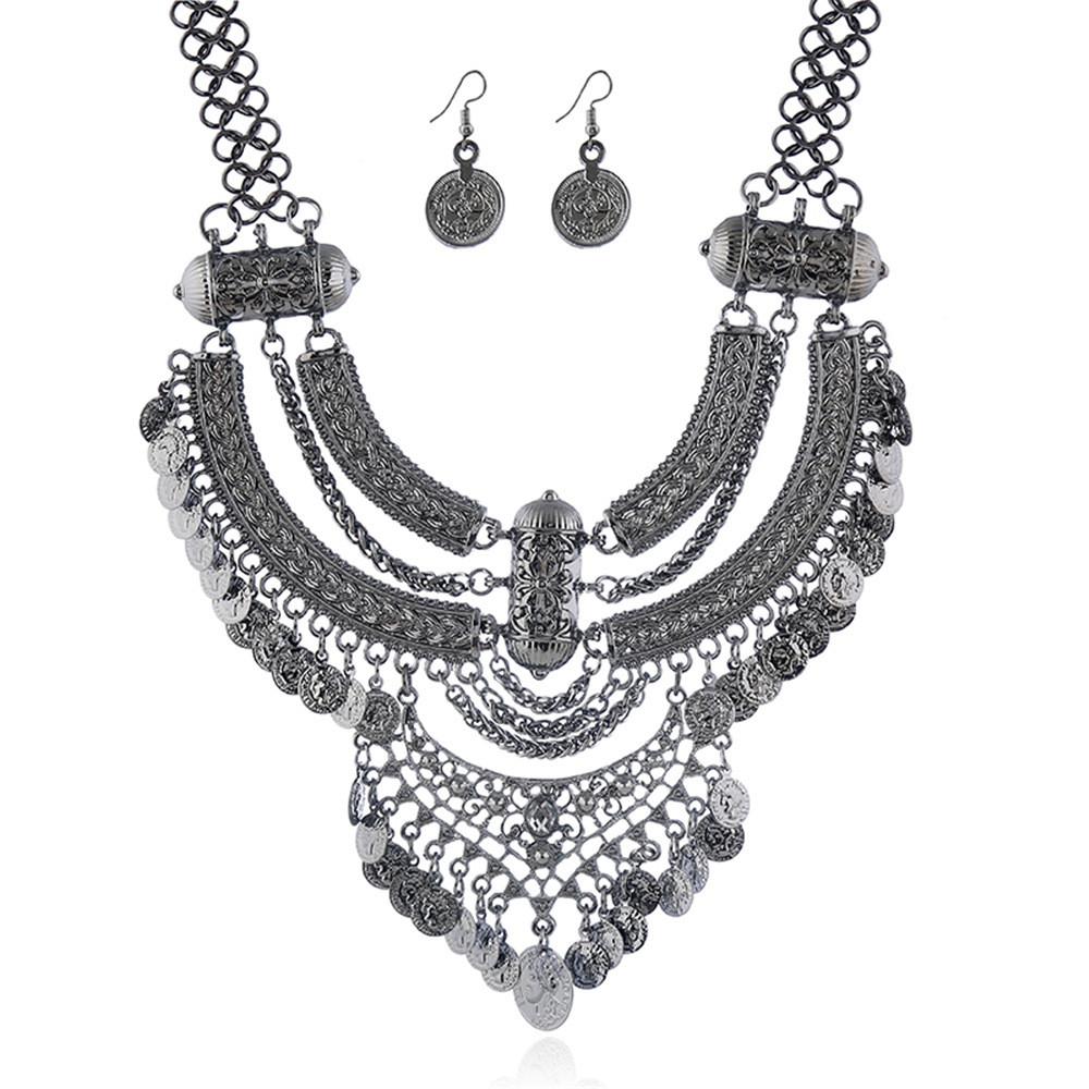 Finish Antique Coin Necklace Earrings With Bold Chain Women Accessories Elegant