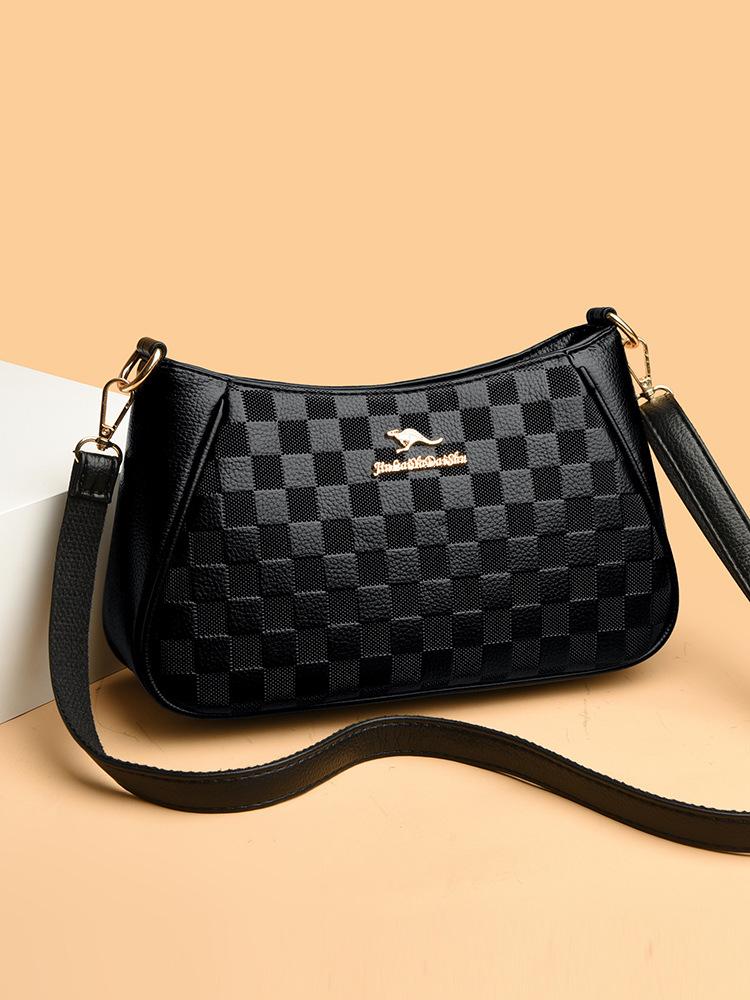 

Женская сумка многослойная модная фактура личи узор шахматная доска большая вместимость плечо крест подушка сумка чёрный