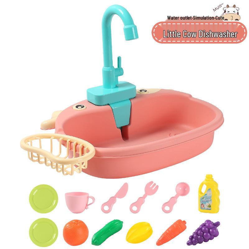 Cartoon Cow Electric Faucet Toy Kitchen Set with Sink, Stove, and Play Fruits & Vegetables