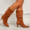Damen Vintage Falten Spitz Zehen Kniehohe Stiefel Sexy Hoher Absatz Mittlerer Waden Stiefel Mode Streetwear Schuhe