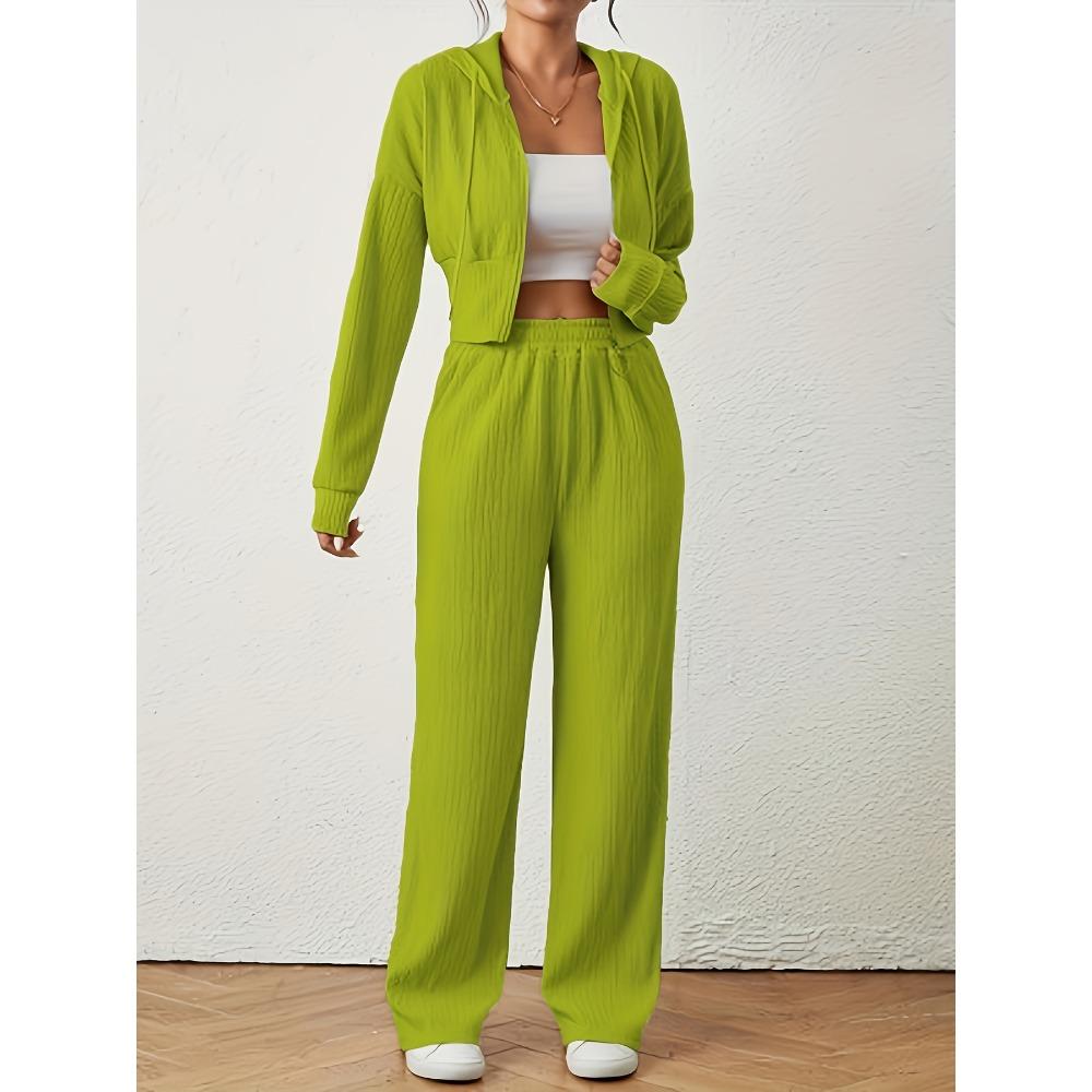 Women's Loose Rib Knit Two Piece Tracksuit Long Sleeve Zip Hoodie Elastic Waist Wide Leg Pants Matching Outfit