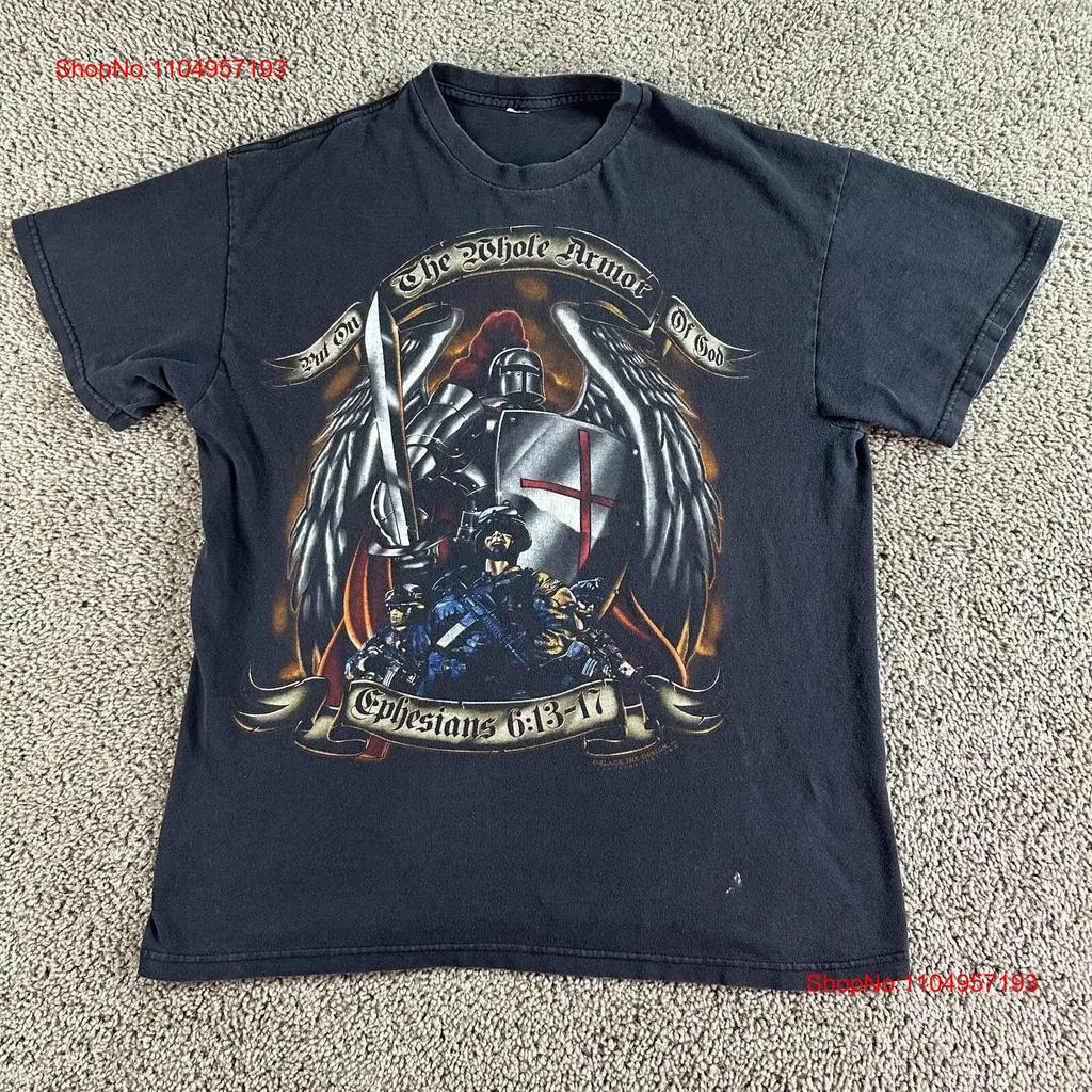 US Military T Shirt Mens L Black Ephesians 6 13 17 Put On The Whole Armour Of God vintage Washed homme fashion Stretched