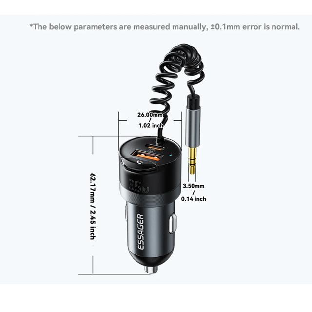 Essager Bluetooth 5.3 Car Charger 3.5mm Jack AUX Cable 35W Fast Charging For iPhone16 15 Huawei Samsung Bluetooth Car Chargers