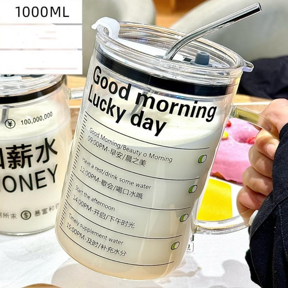 

Стеклянная кружка с крышкой и соломинкой в стиле INS, бутылка для сока и молока, подарочная кружка для завтрака для дома и офиса Style B with Lid Straw