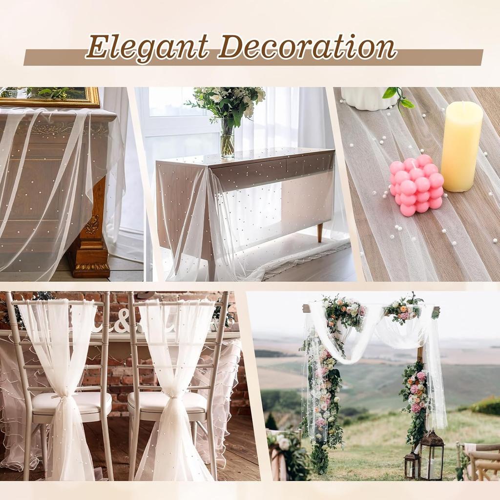 Pearl Table Runner, 10 FT White Tulle Fabric Lace Tablecloth Wedding Table Runner Pearl Decor for Bridal Shower Birthday Party Wedding Arch Veil