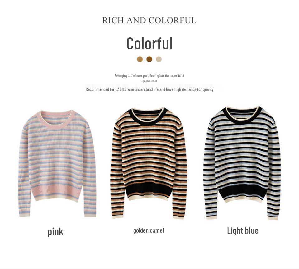 Women's 2025 Color-Block Striped Knit Sweater: Round Neck, Slim Fit, Warm Wool for Autumn/Winter