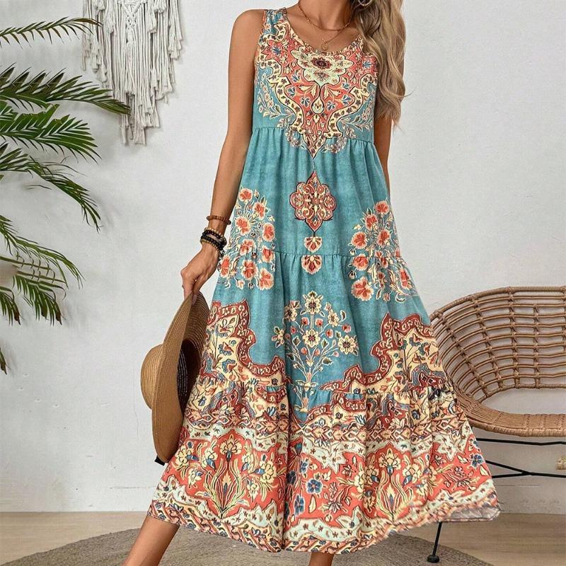 2026 New European & American Printed Sleeveless V-Neck Tank Dress | Women's Stylish Vacation-Ready Cross-Border Dress