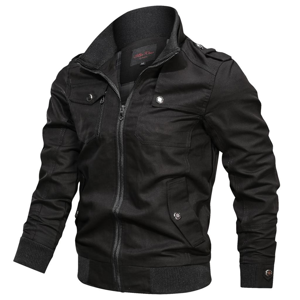 Casual Solid Color Washed Jacket with Zipper Pockets and Stand Collar Top