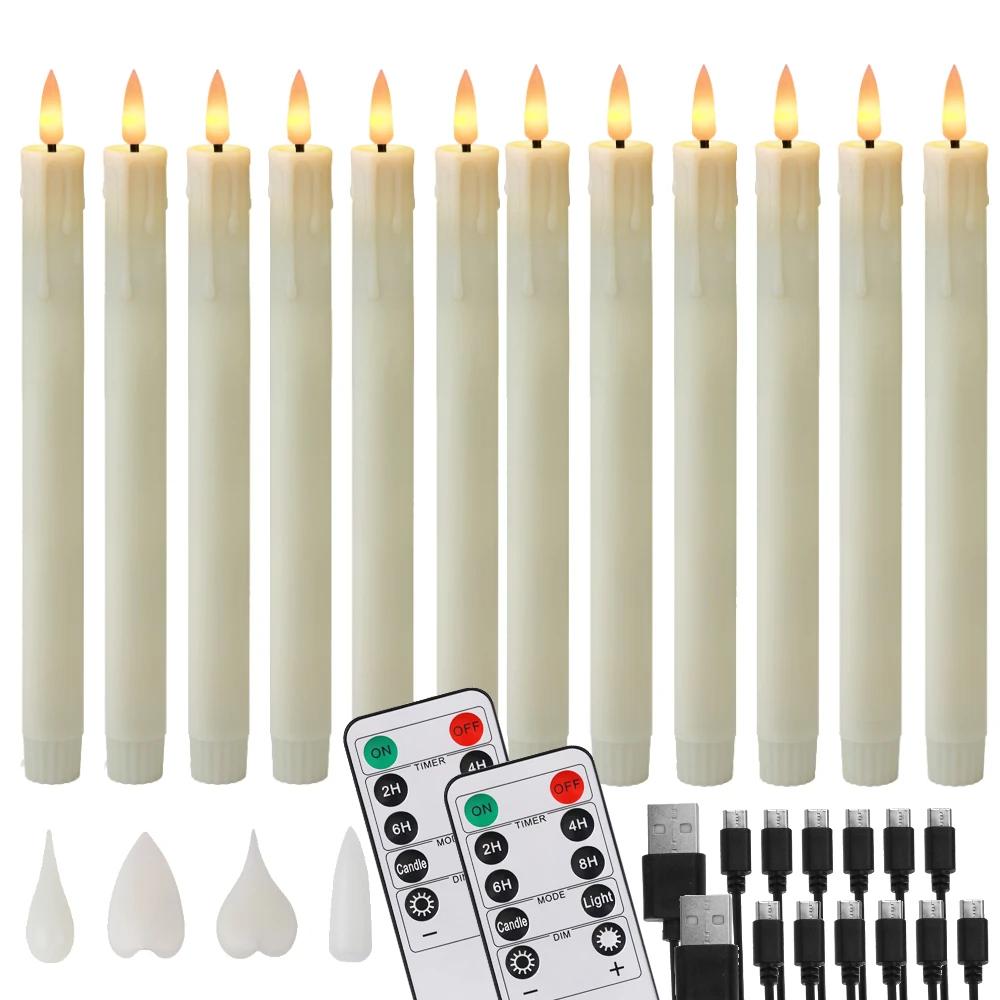 Rechargeable Taper Candles with Remote & 24Pcs Plastic Lamp Head Flickering Flameless Dripping Wax Window Candlesticks Home Deco
