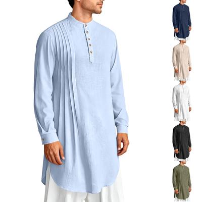 Kaftan Thobe Boutonné Chemises Décontractées Manches Longues Robe Coton Lin Musulman Robe Chemise