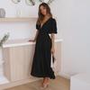 Women's Bohemian Long Dress Deep V Neck Puff Short Sleeve Swing Dress Summer Tiered Flowy A Line Midi Dress