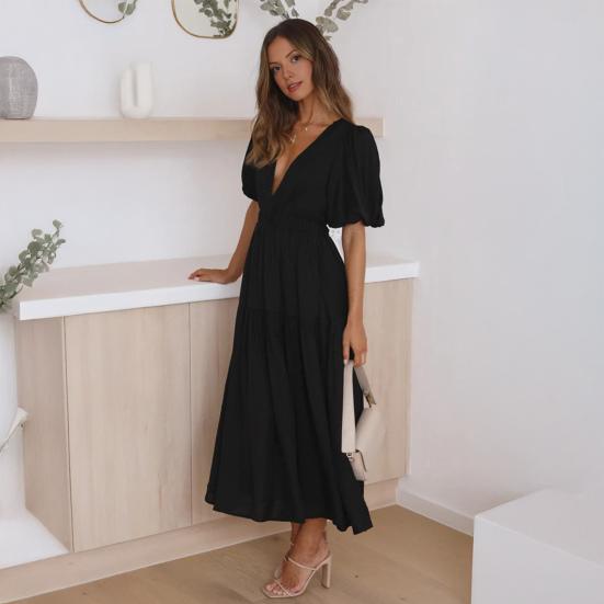 Women's Bohemian Long Dress Deep V Neck Puff Short Sleeve Swing Dress Summer Tiered Flowy A Line Midi Dress
