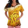 Womens V Neck Short Sleeve Work Shirt with Pockets Beer Festival Print Casual Medical Scrub Top for Caregivers Nurses and Hospitality Staff