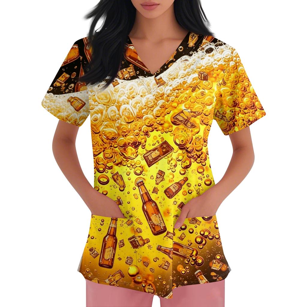 Womens V Neck Short Sleeve Work Shirt with Pockets Beer Festival Print Casual Medical Scrub Top for Caregivers Nurses and Hospitality Staff